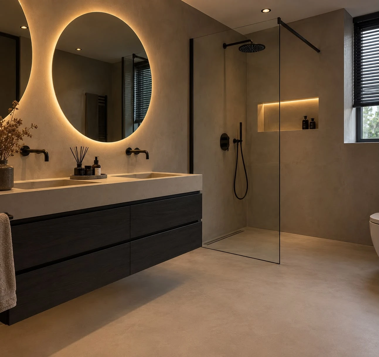 Badkamer met microcement vloer en wanden en een inloopdouche